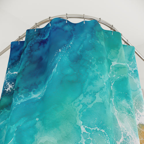 Aerial Turquoise Beach shower curtain with close-up print, hooks, and folds