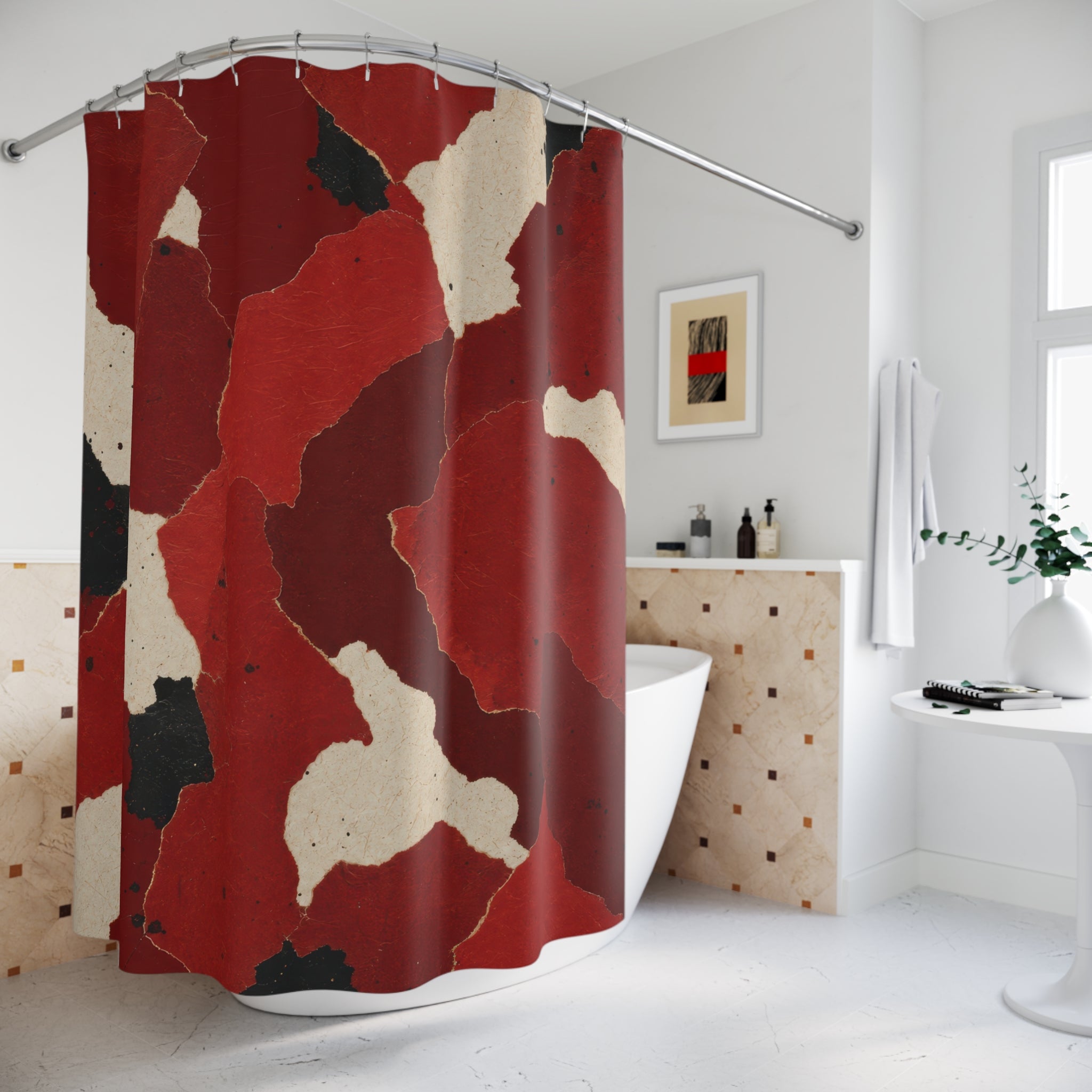 Black Abstract Red and White Shower Curtain