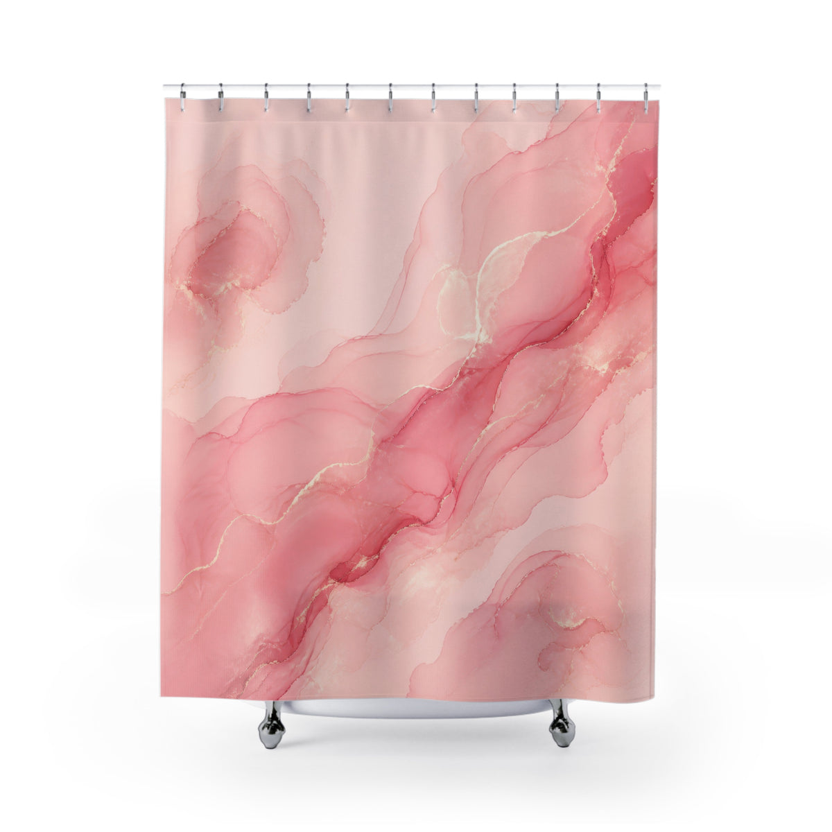 Flowing blush pink ink with rose and ivory swirls shower curtain with full front view