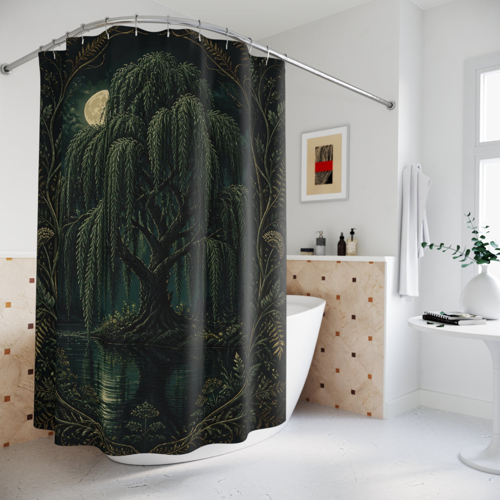 Moonlit willow tree and pond in a botanical frame shower curtain beside a freestanding tub