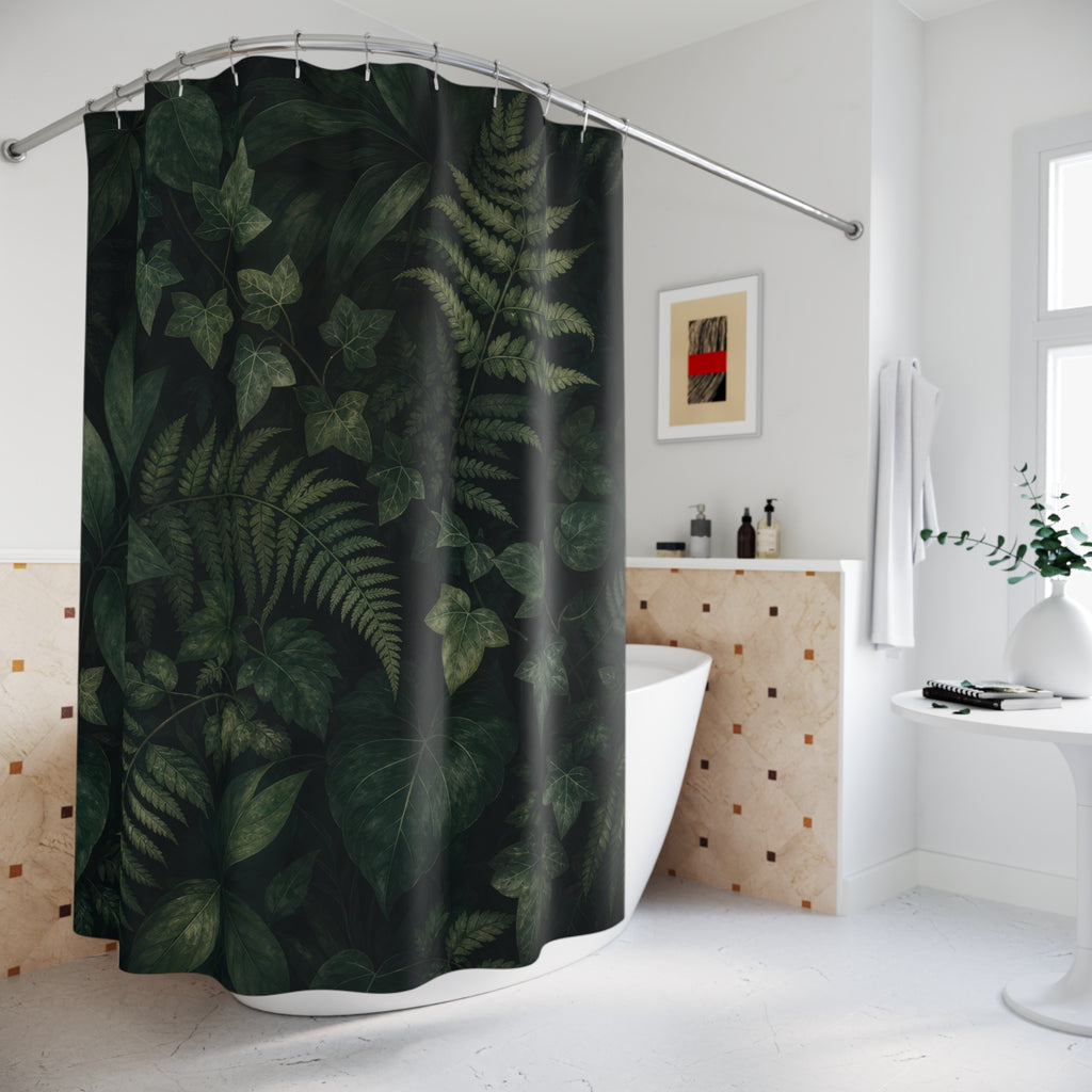 Dark Green Shower Curtain, Fern Forest Leaf Pattern, Moody Botanical Bath Decor, Deep Woodland Guest Bathroom Accent, Luxe Green Bath