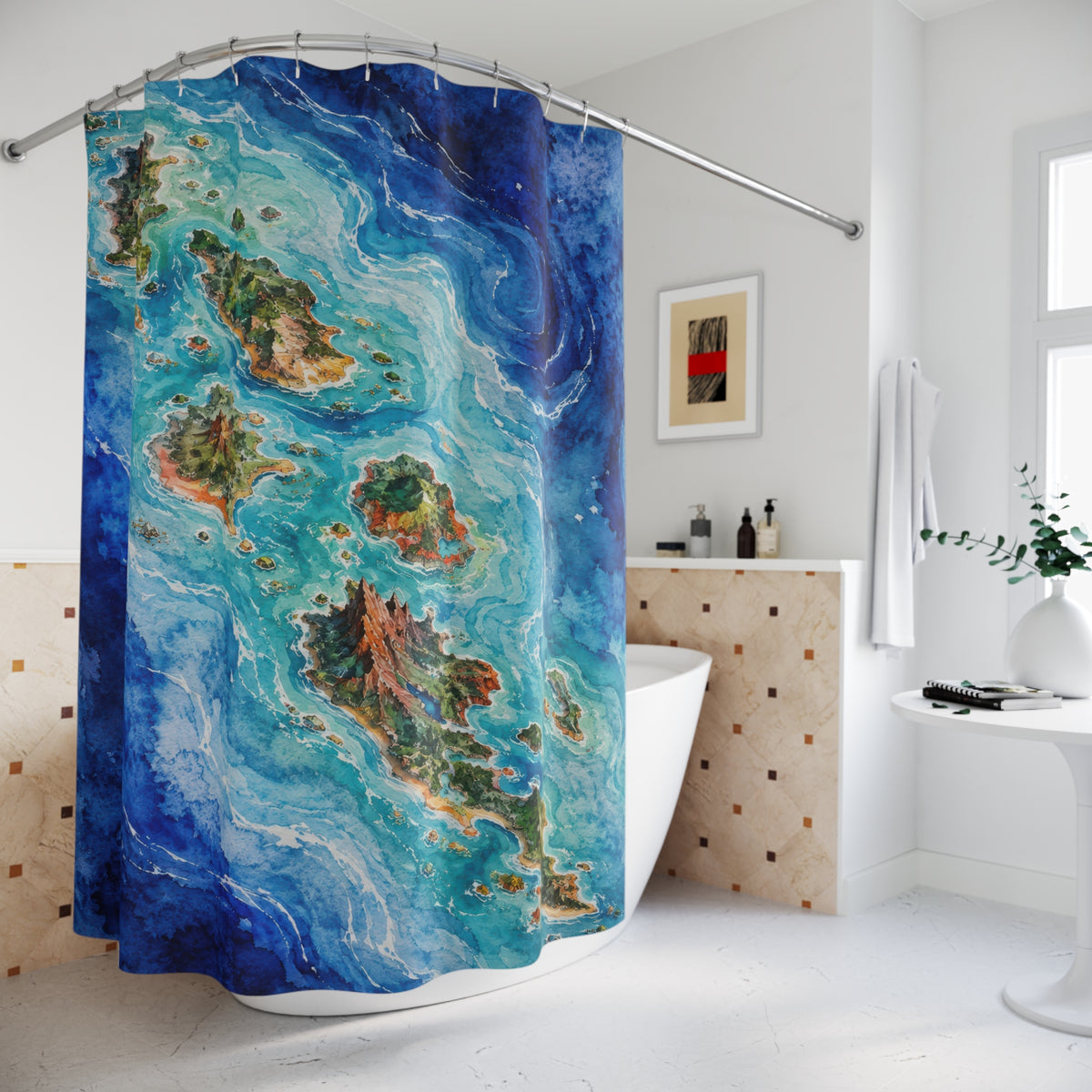 Blue archipelago watercolor map shower curtain beside a freestanding tub