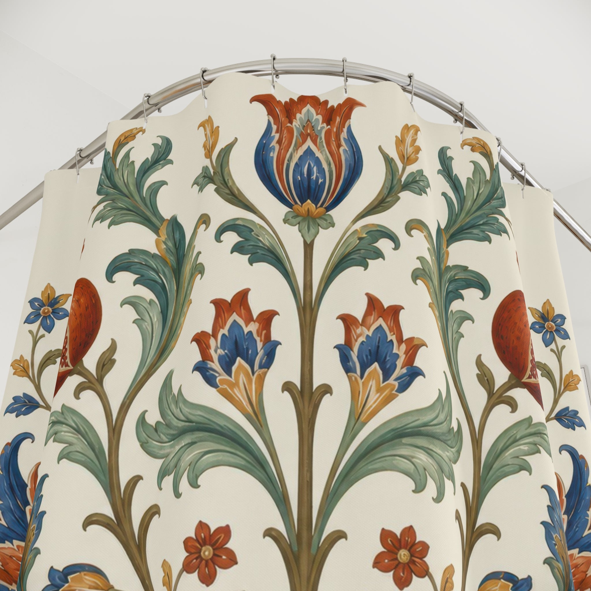 Warm ivory Jacobean tree of life floral shower curtain with close-up print, hooks, and folds