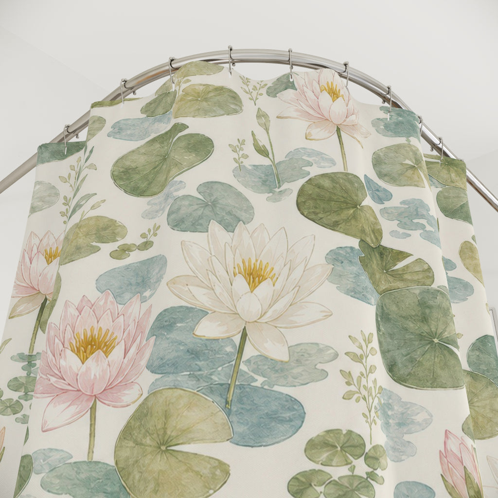 Lily Pad water soft pond shower curtain with close-up print, hooks, and folds