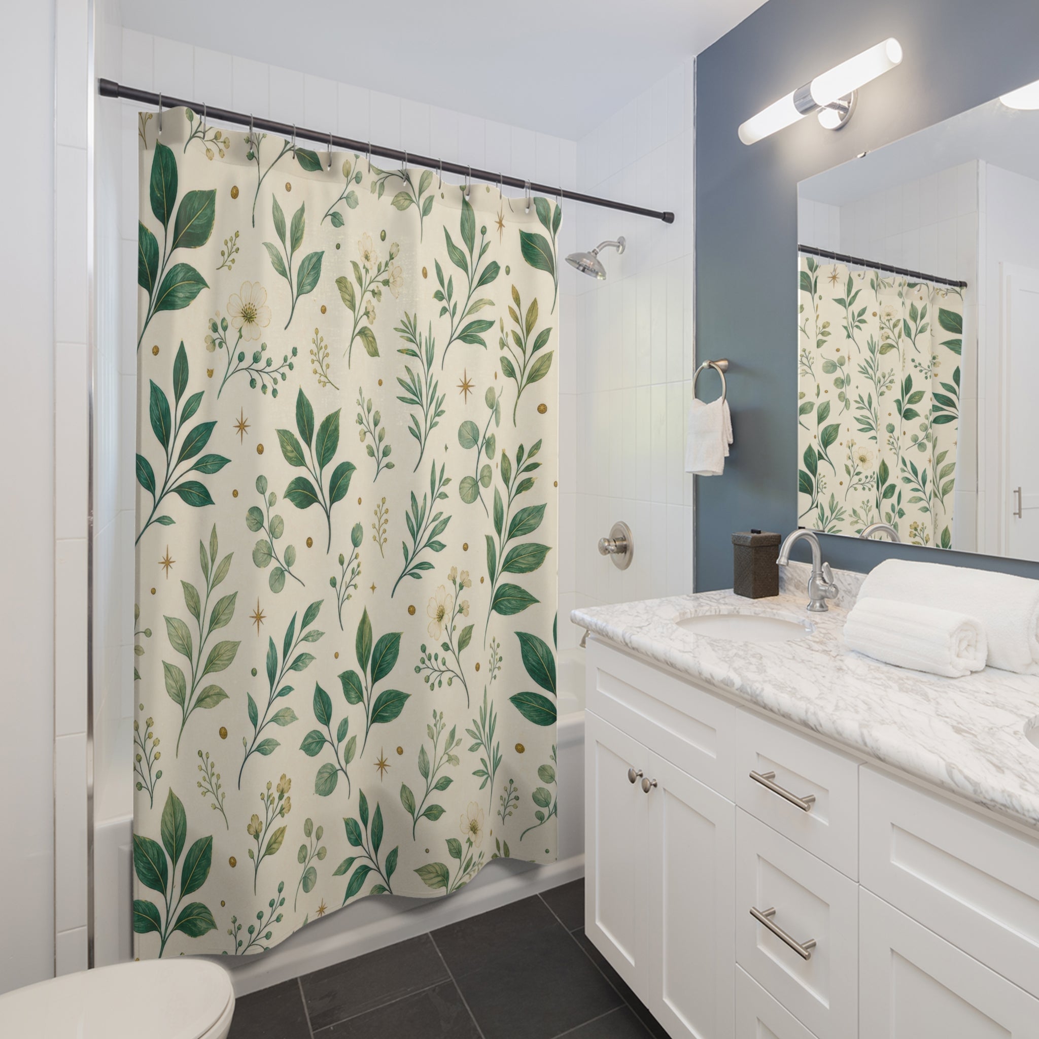 White Floral Botanical Emerald Green Shower Curtain