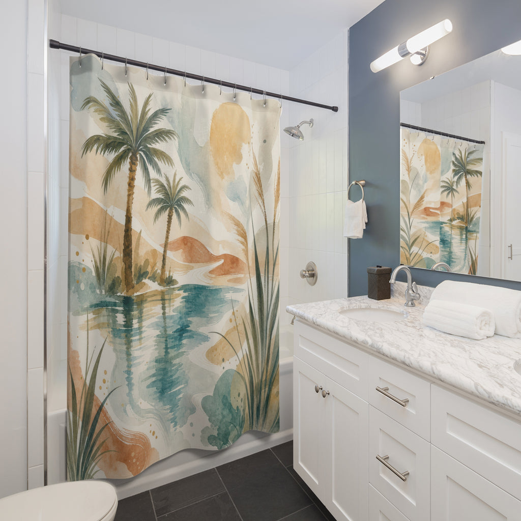 Desert Oasis Tropical Landscape Beige Black Shower Curtain