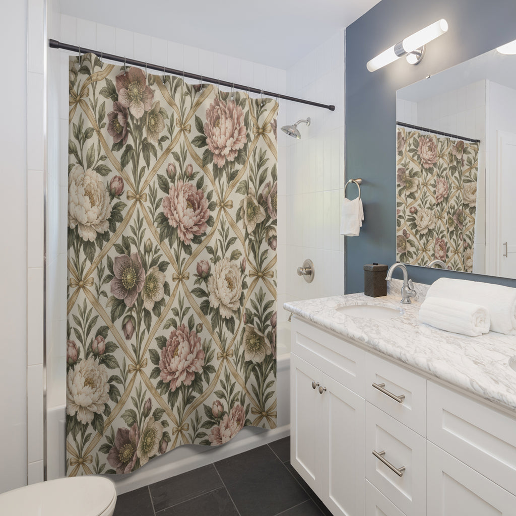 Pink peonies and mauve hellebores in a gold ribbon trellis shower curtain beside a white vanity