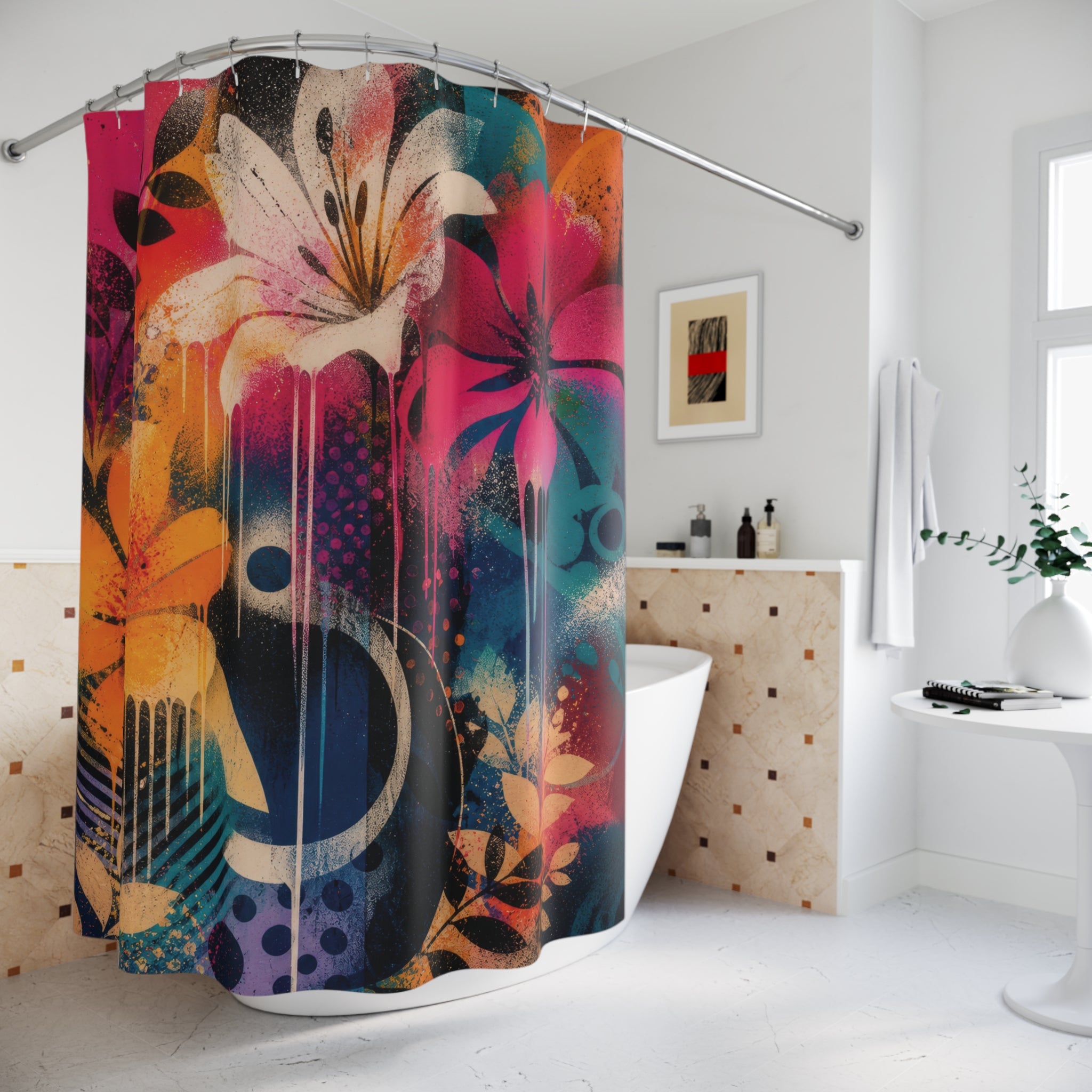 Spray Paint Shower Curtain: Bright Abstract Floral Graffiti