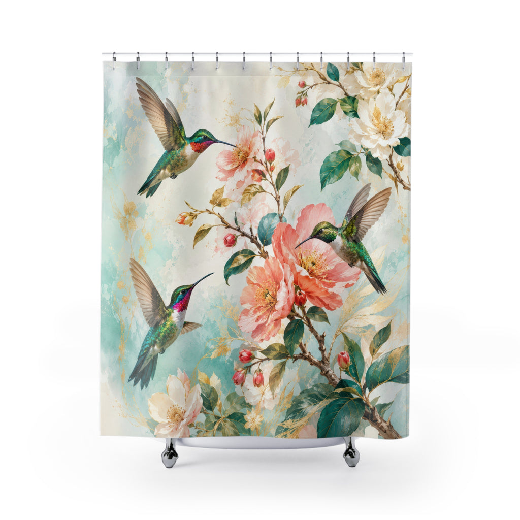 Hummingbird Shower Curtain: Aqua Floral Bird