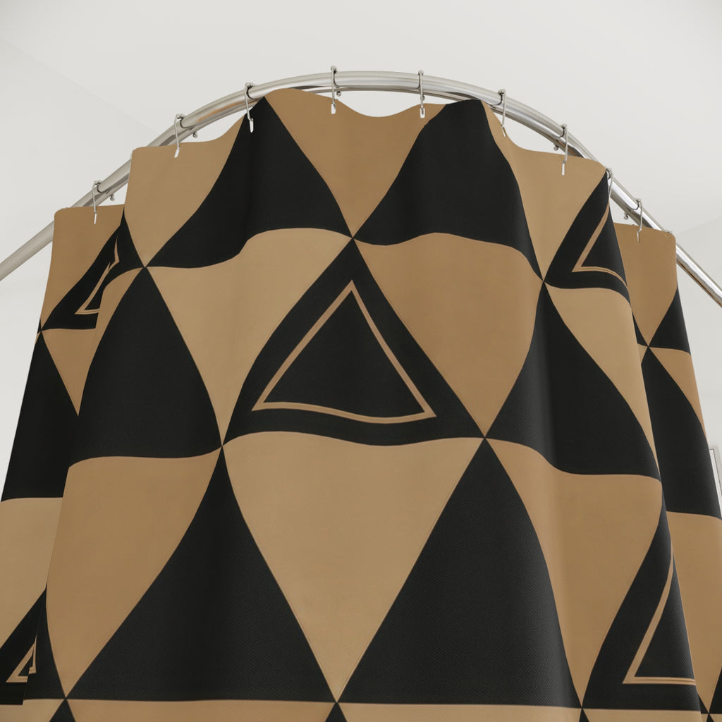 Black and tan geometric triangle shower curtain with close-up print, hooks, and folds