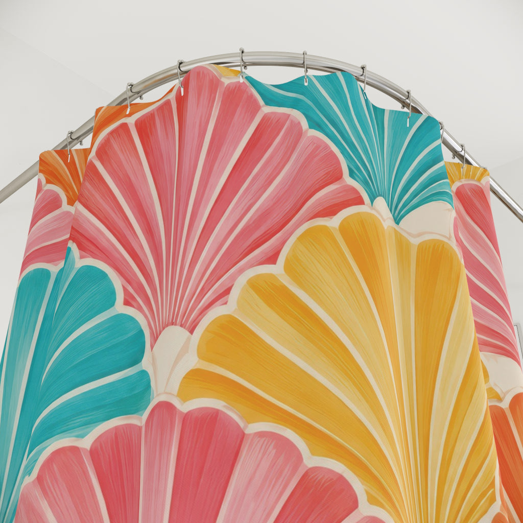 Pink, turquoise, orange and yellow scallop shells with cream ribs shower curtain with close-up print, hooks, and folds