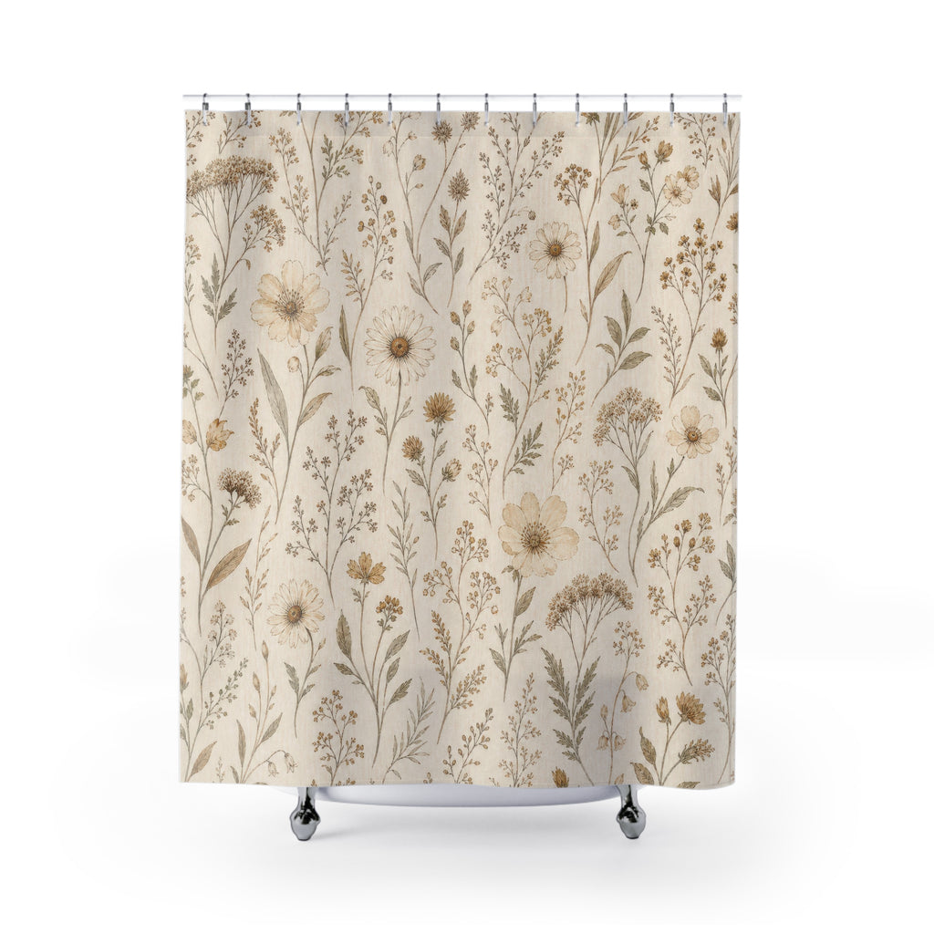 Beige Meadow Botanical Shower Curtain