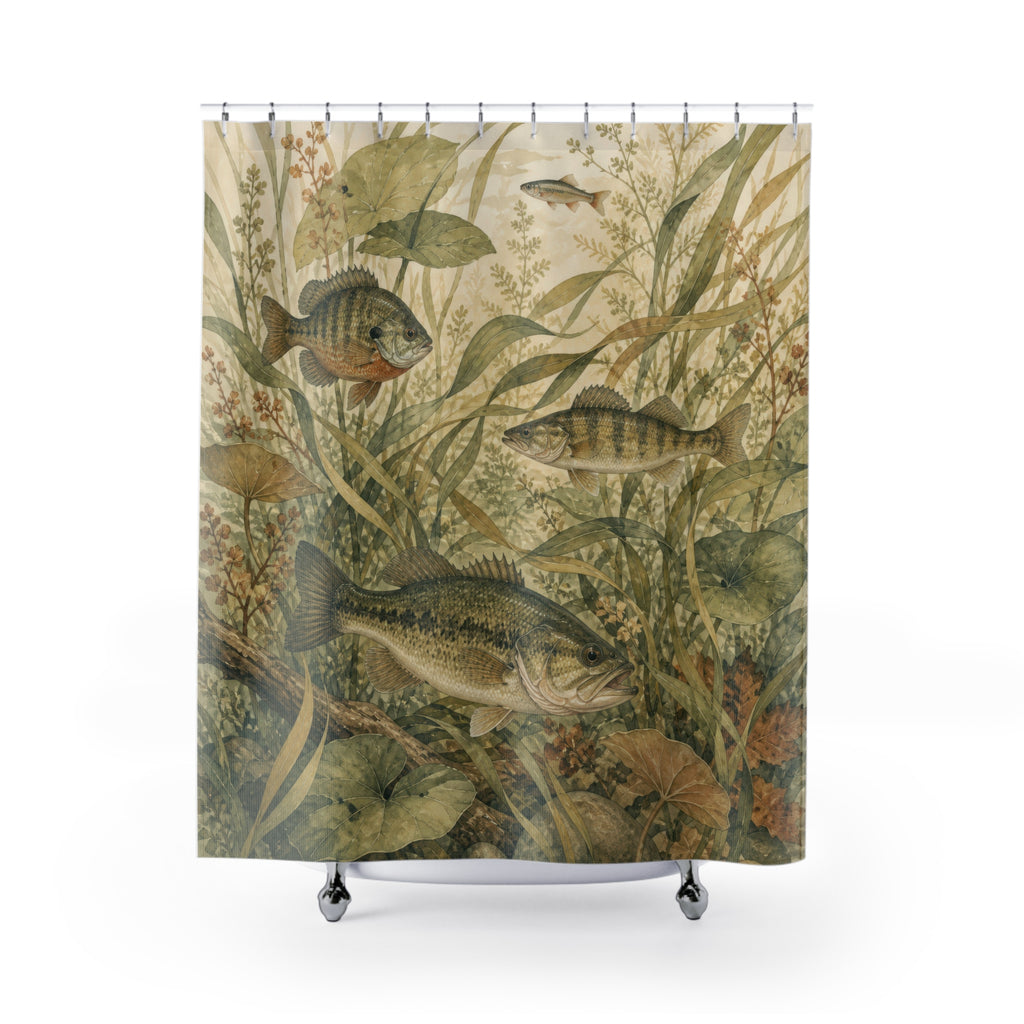 Vintage freshwater fish among sage river grasses and lily leaves shower curtain with full front view
