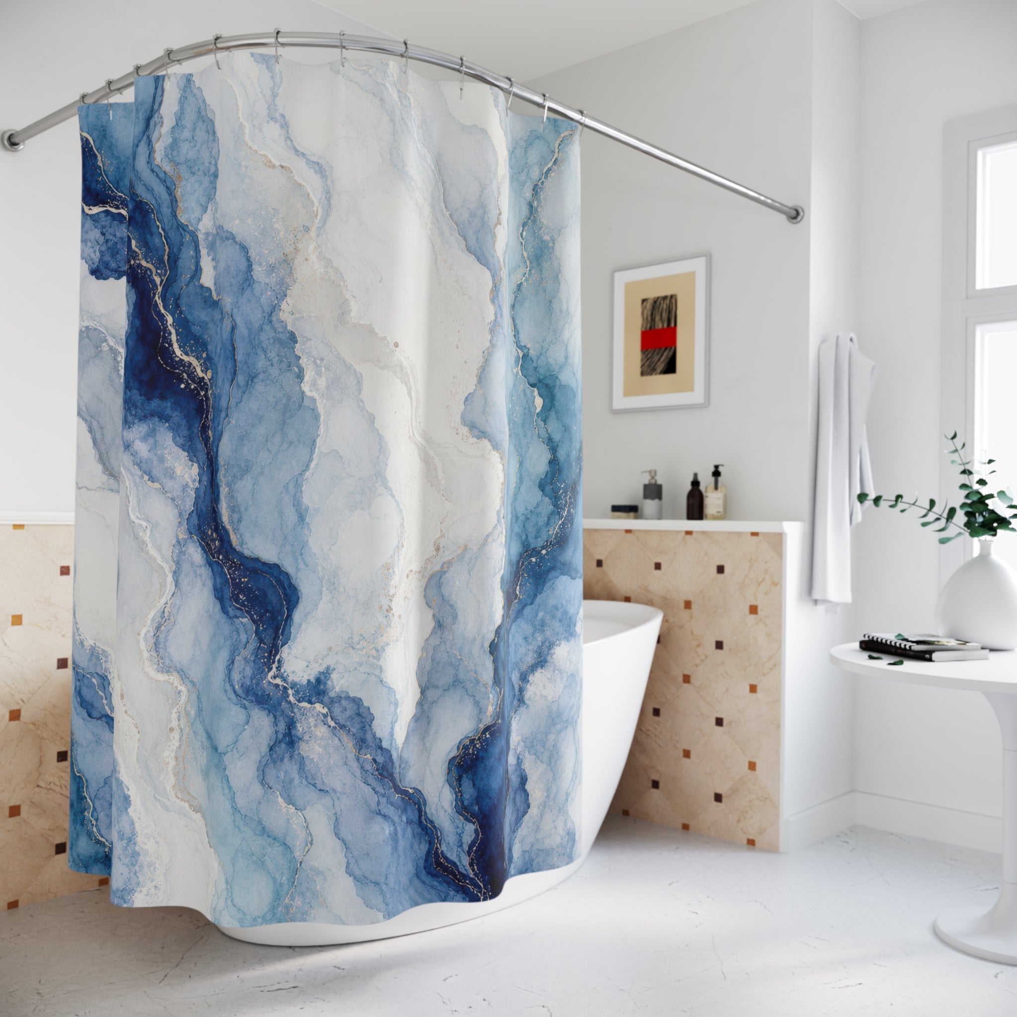 Blue Agate Marble Shower Curtain, Blue White Modern Bathroom Decor, Abstract Marble Bath Curtain, Guest Bath Decor, Small Bathroom Decor