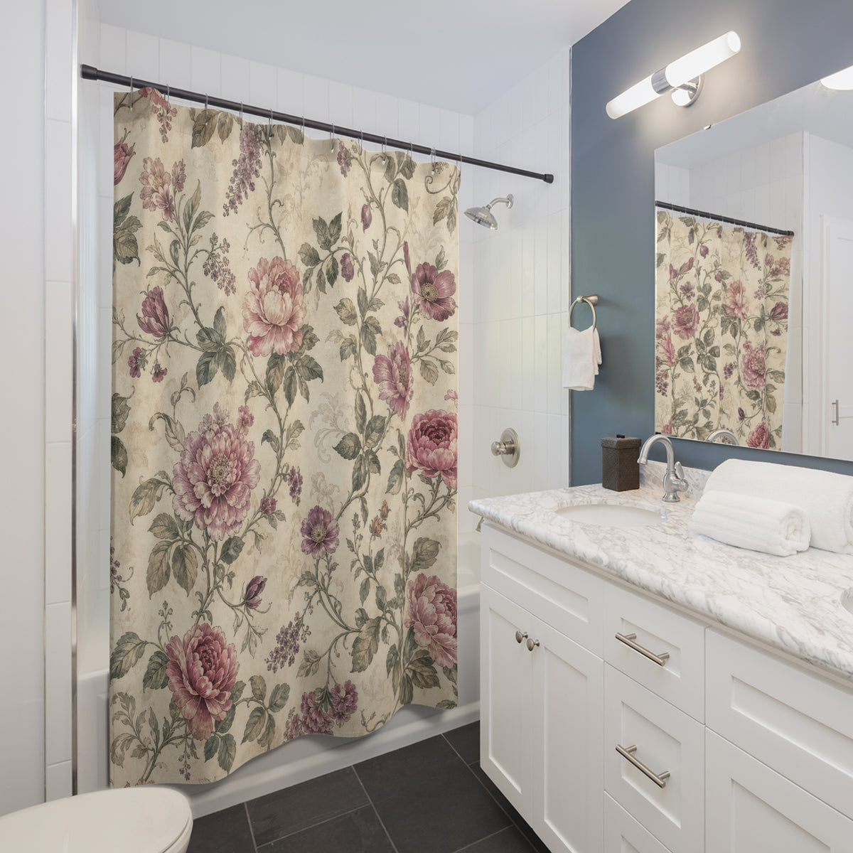 Pink Vintage Floral rose pattern shower curtain beside a white vanity