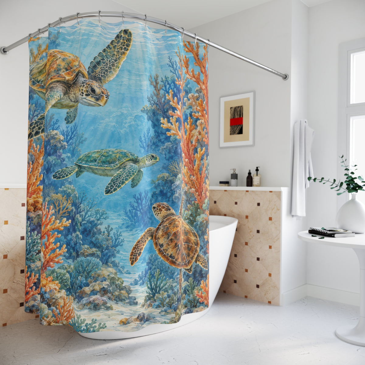 Sea turtles with orange coral and blue water shower curtain beside a freestanding tub