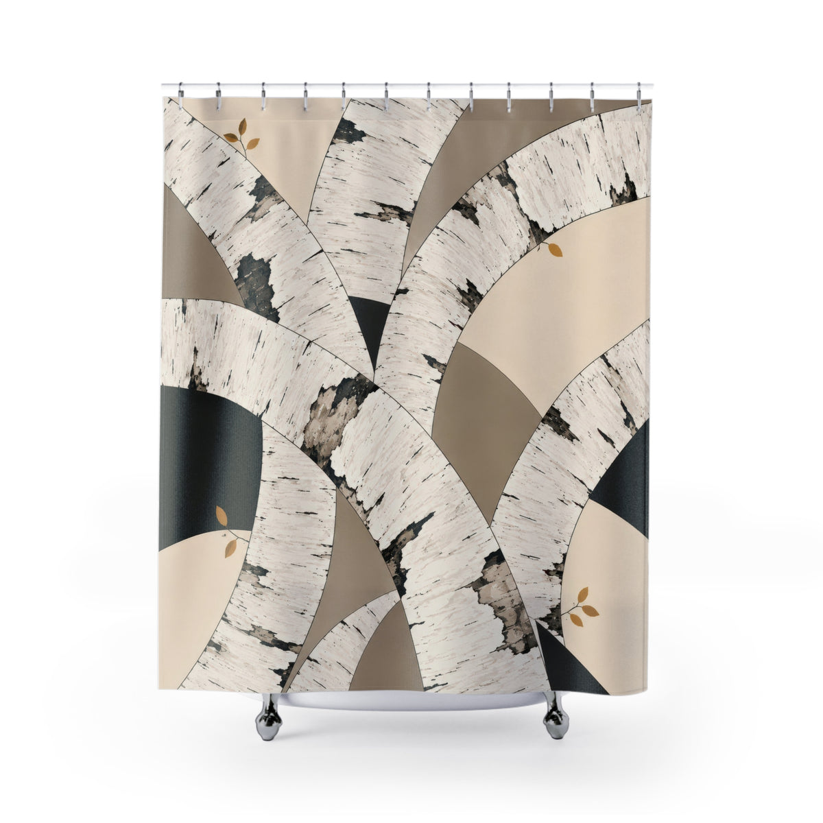 White birch bark arches in ivory and taupe shower curtain with full front view