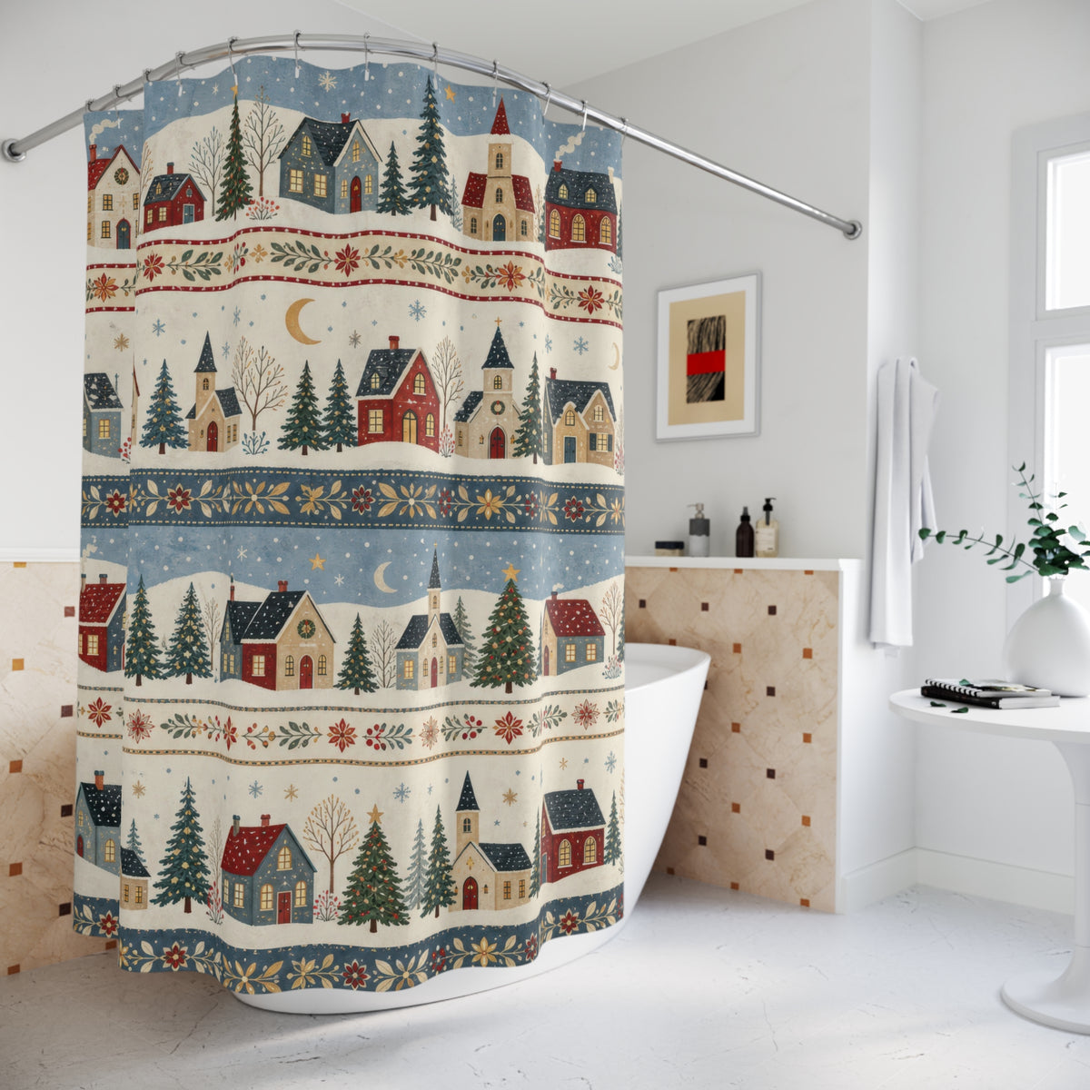Winter Village Cottage Stripe christmas shower curtain beside a freestanding tub