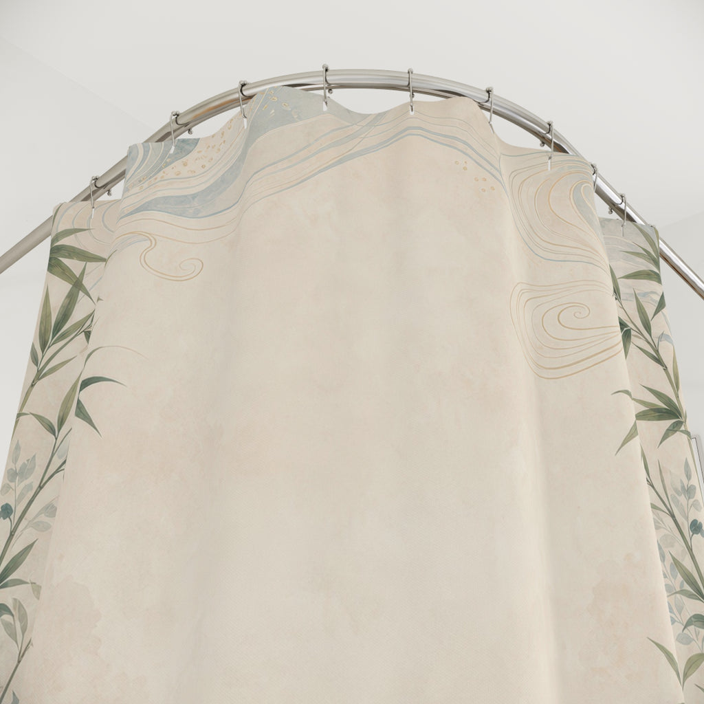 Feng Shui Border Shower Curtain, Jade Bamboo Bath Decor, Warm Ivory Center, Zen Water Stone Guest Bathroom Spa Decor, Tranquil Green Ivory