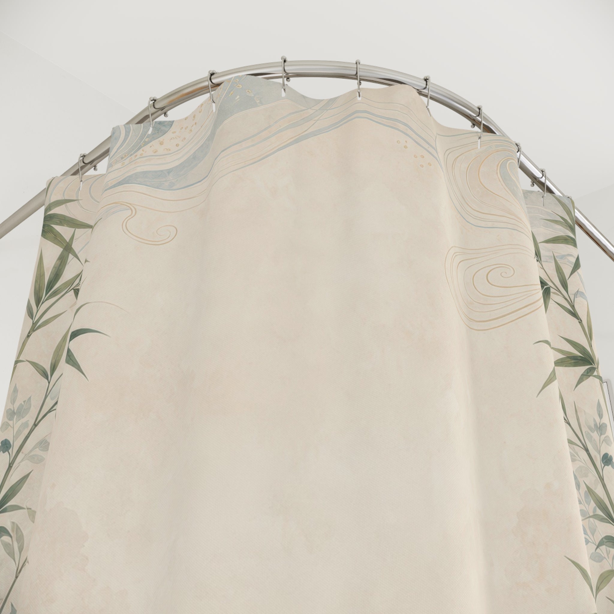 Feng Shui Border Shower Curtain, Jade Bamboo Bath Decor, Warm Ivory Center, Zen Water Stone Guest Bathroom Spa Decor, Tranquil Green Ivory