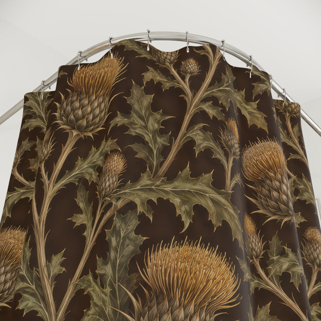 Ochre thistles and olive leaves on deep brown shower curtain with close-up print, hooks, and folds