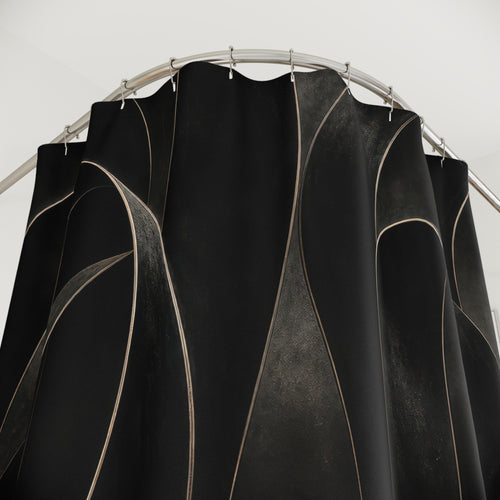 Abstract Ribbon Line Art black shower curtain with close-up print, hooks, and folds