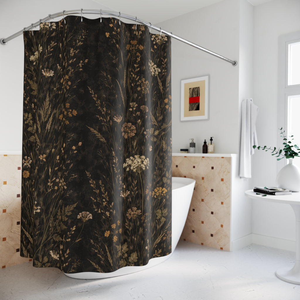 Dark Botanical Shower Curtain — Black and Ochre