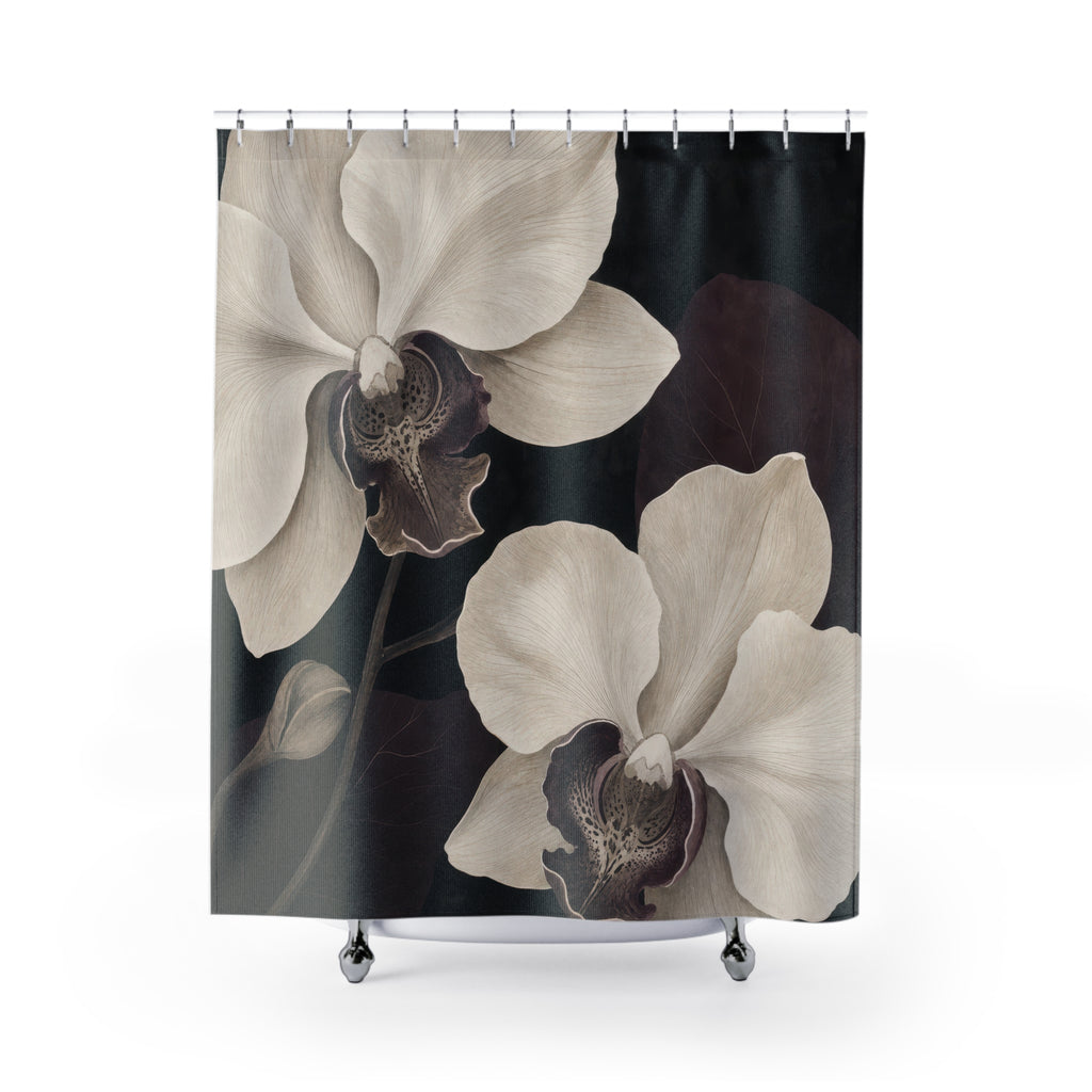 White Orchid Black Floral Shower Curtain: White Orchid Shower