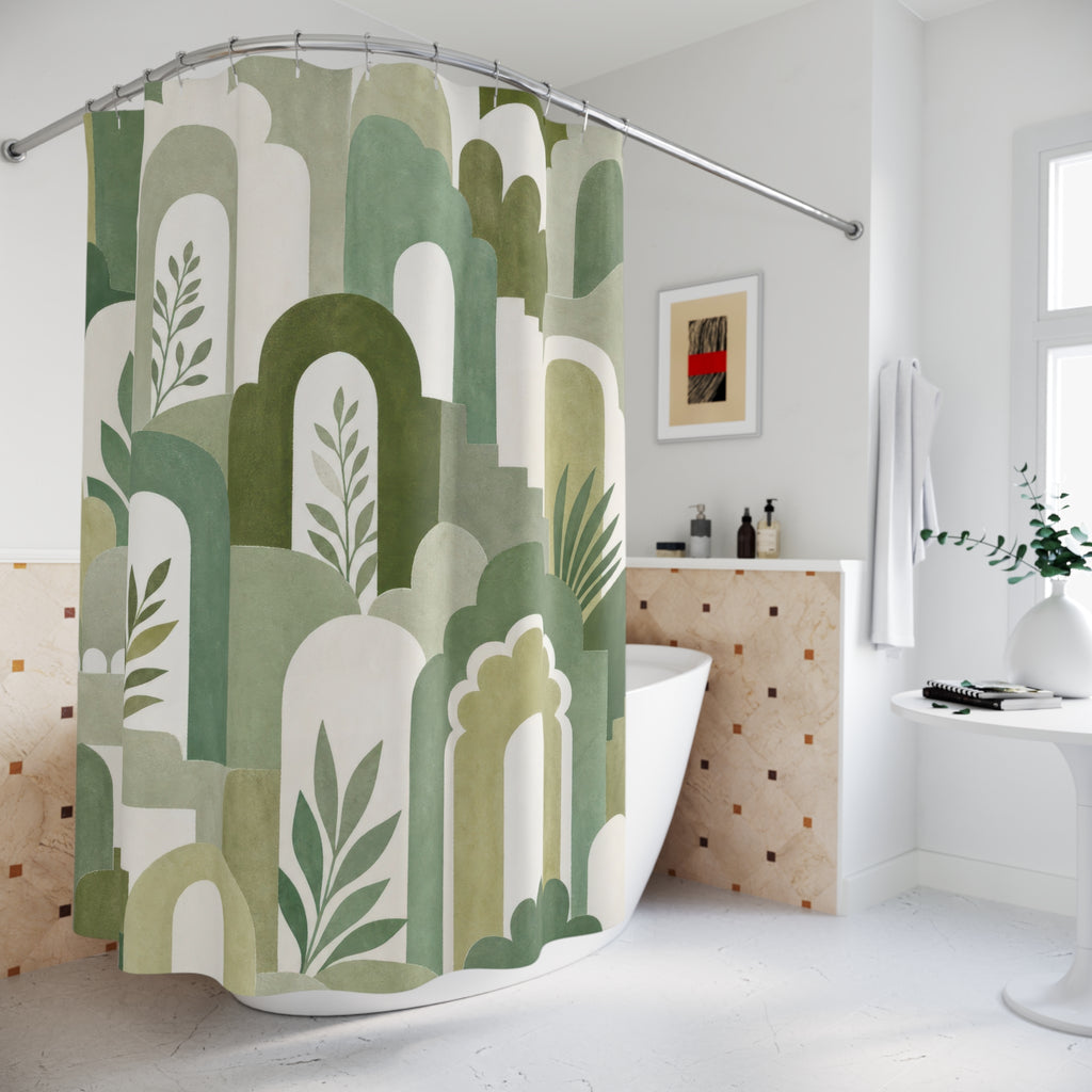 Green Botanical Shower Curtain, White Sage Boho Bath Decor, Arch Leaf Pattern, Fresh Modern Guest Bathroom Decor, Garden Style Decor