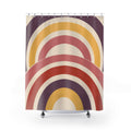 Nested wide arch stripes in plum yellow rose cream and brick shower curtain with full front view