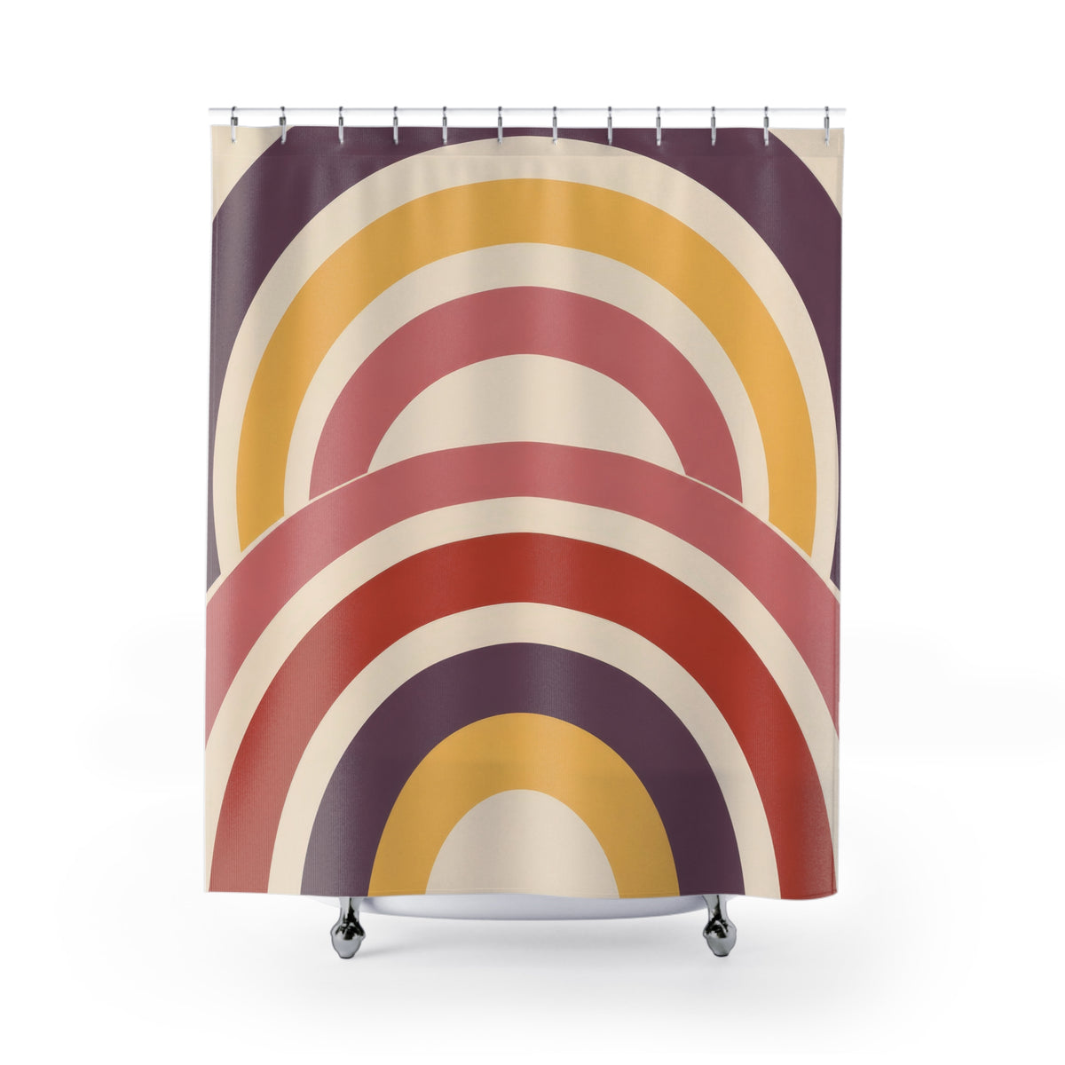 Nested wide arch stripes in plum yellow rose cream and brick shower curtain with full front view