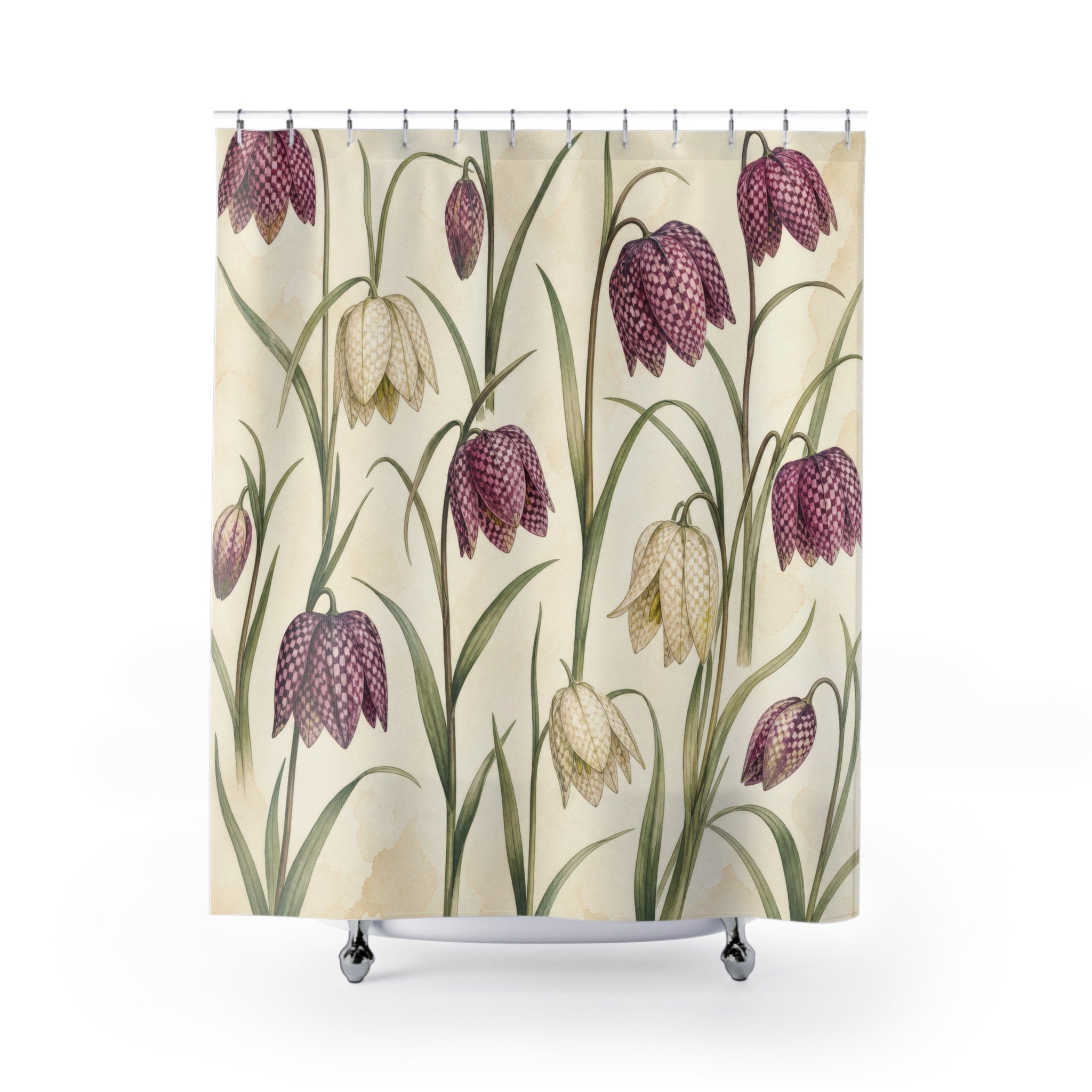 Checkered Purple Bell Flower Botanical Floral Shower Curtain