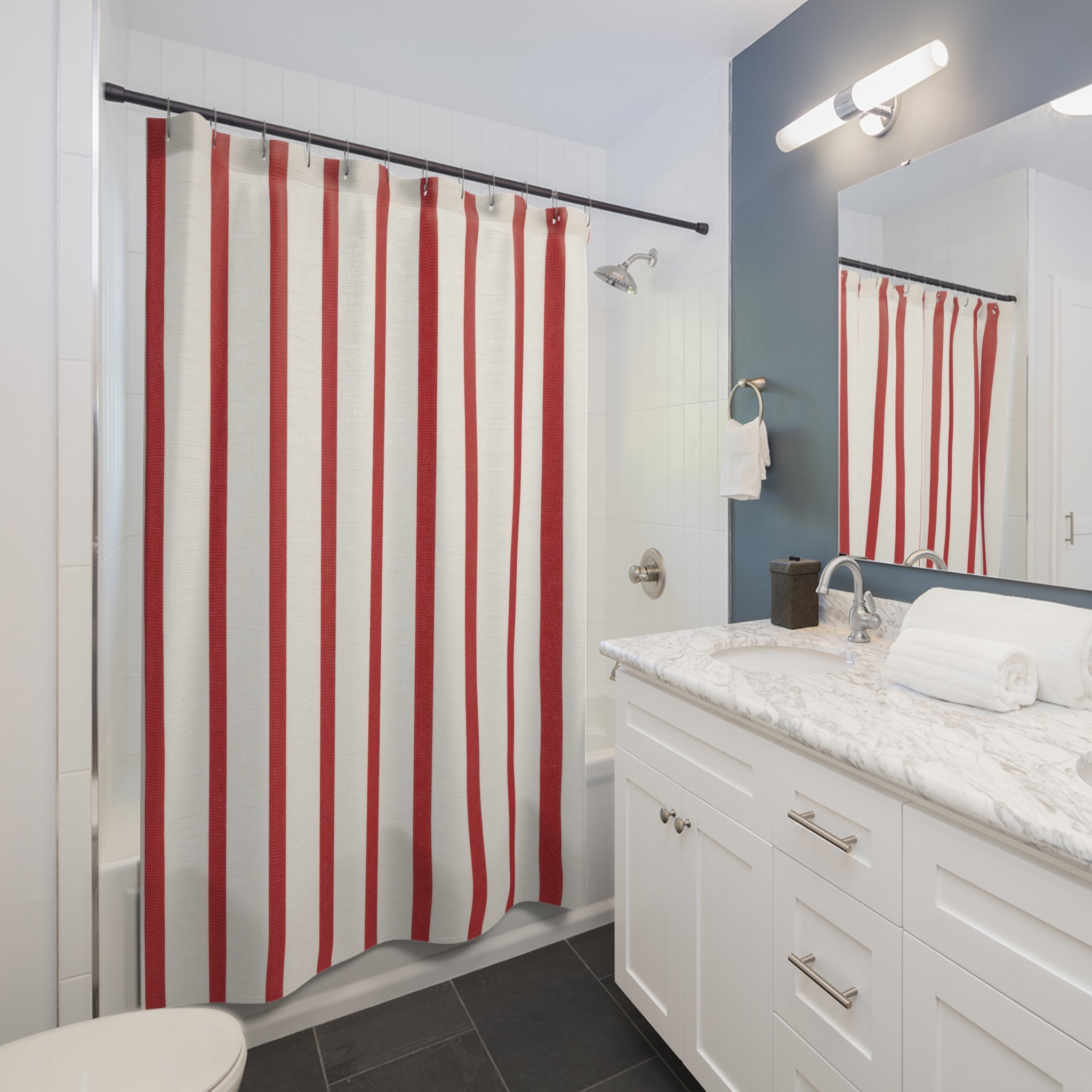 Red and White Americana Stripe Shower Curtain: Summer Guest