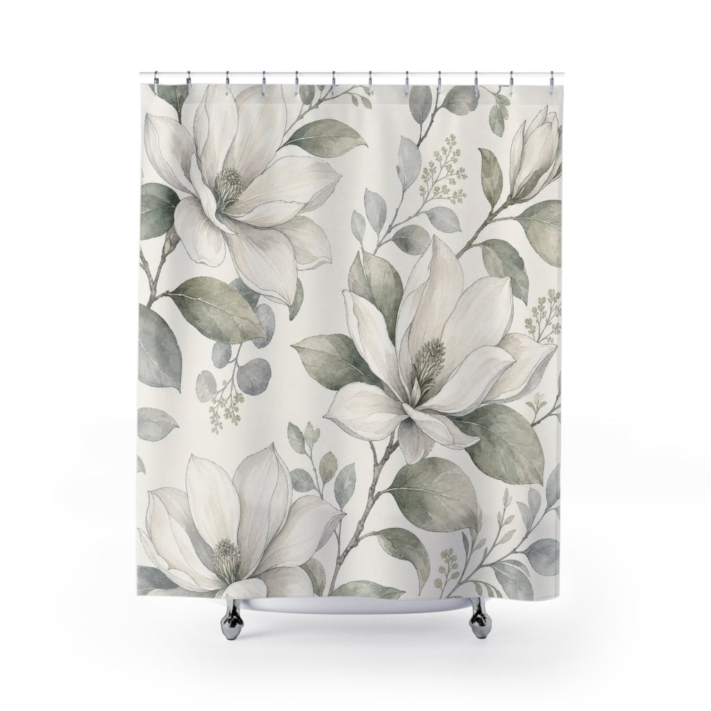 White Magnolia Shower Curtain, White Sage Botanical Bathroom Decor, Magnolia Floral Bath Curtain, Guest Bath Decor, Small Bathroom Decor
