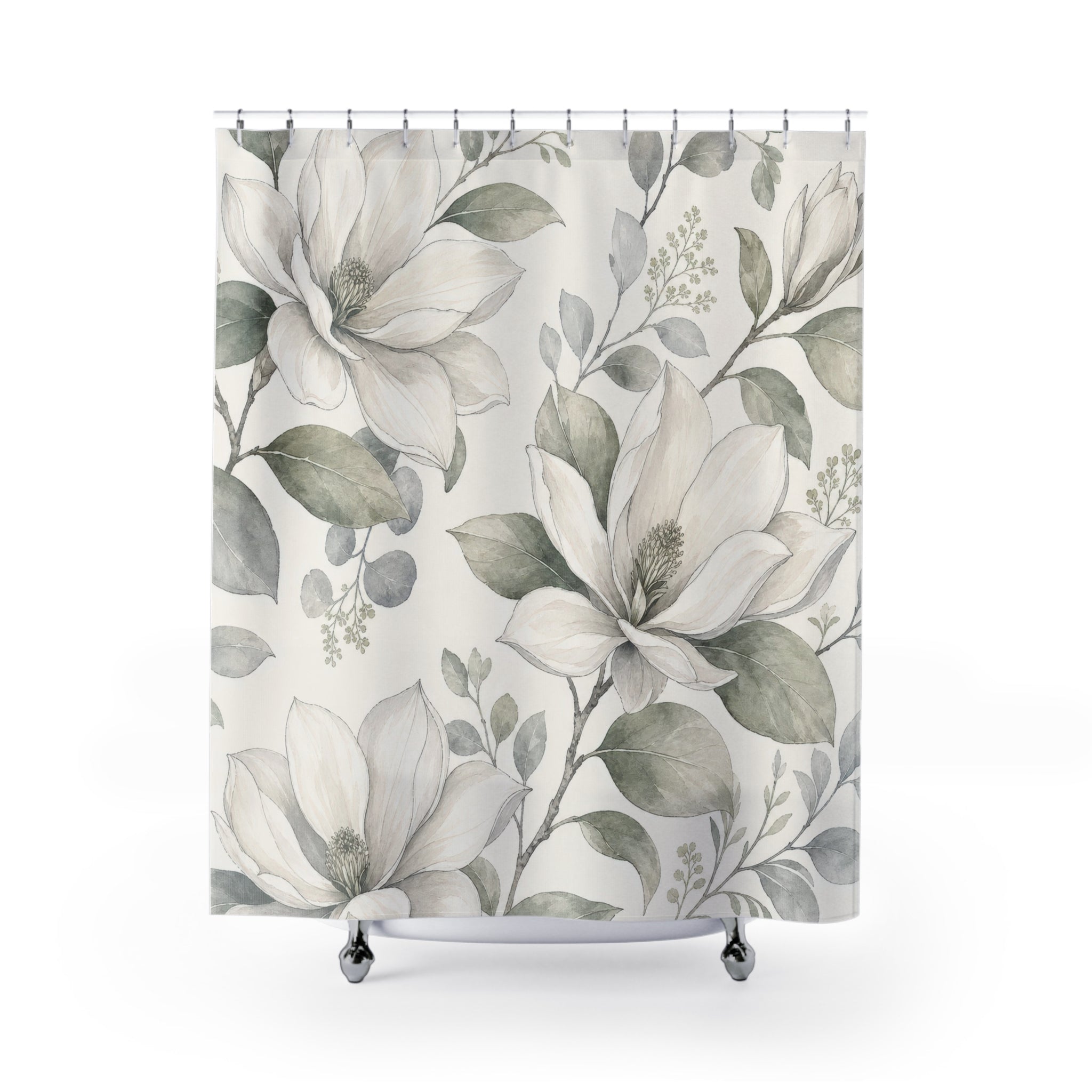 White Magnolia Shower Curtain, White Sage Botanical Bathroom Decor, Magnolia Floral Bath Curtain, Guest Bath Decor, Small Bathroom Decor