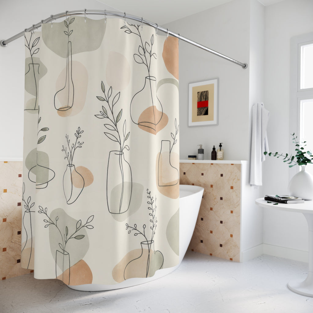 Botanical Shower Curtain, Minimal Vase Line Art Pattern, Beige Modern Bathroom Decor, Soft Neutral Guest Bath Apartment Style