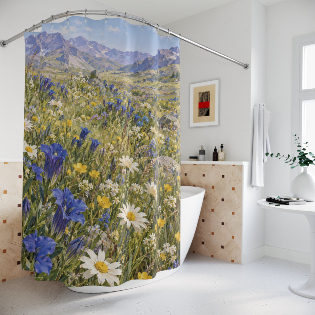 Blue gentians and white daisies beneath lavender mountains shower curtain beside a freestanding tub