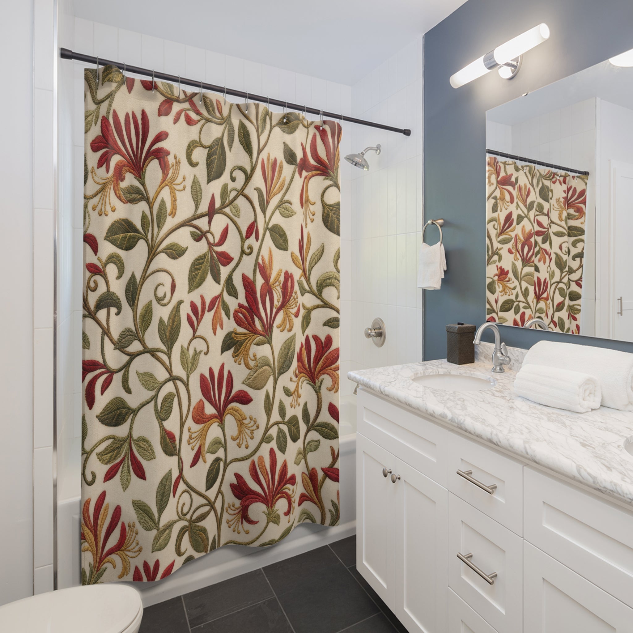 Honeysuckle Embroidery Shower Curtain – Red on Cream