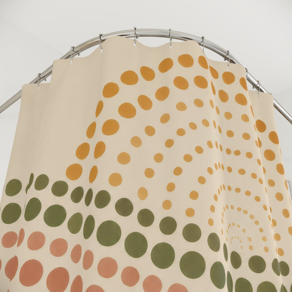 Terracotta polka dot waves with a rising sun shower curtain with close-up print, hooks, and folds