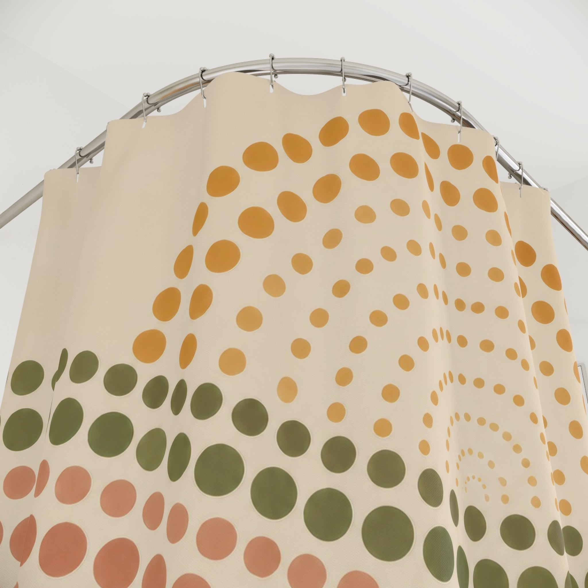 Terracotta polka dot waves with a rising sun shower curtain with close-up print, hooks, and folds