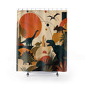 Mid Century Geometric Dinosaur shower curtain with full front view