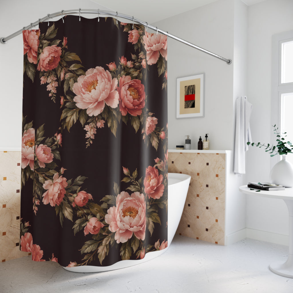 Blush and coral peony garlands on deep plum shower curtain beside a freestanding tub
