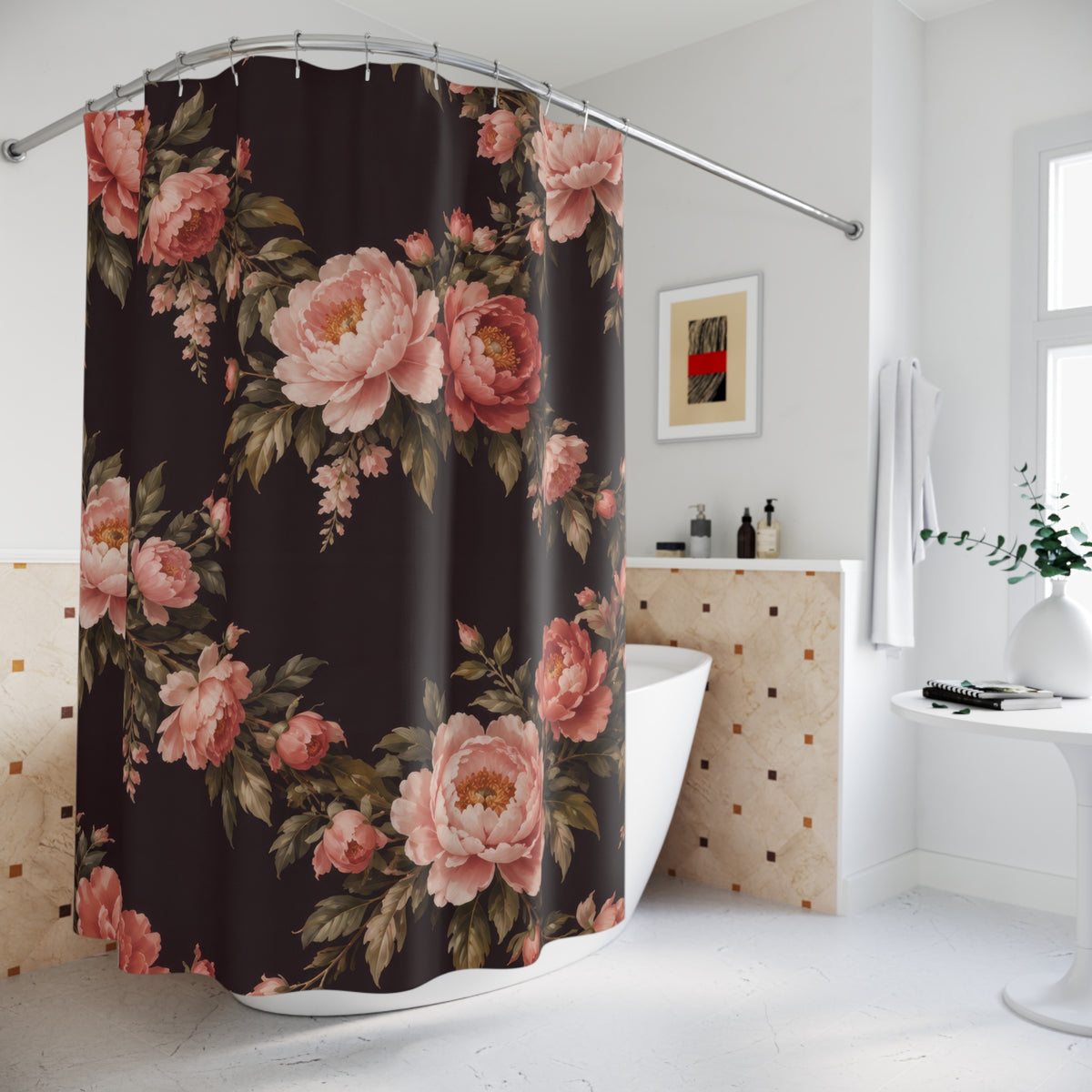 Blush and coral peony garlands on deep plum shower curtain beside a freestanding tub
