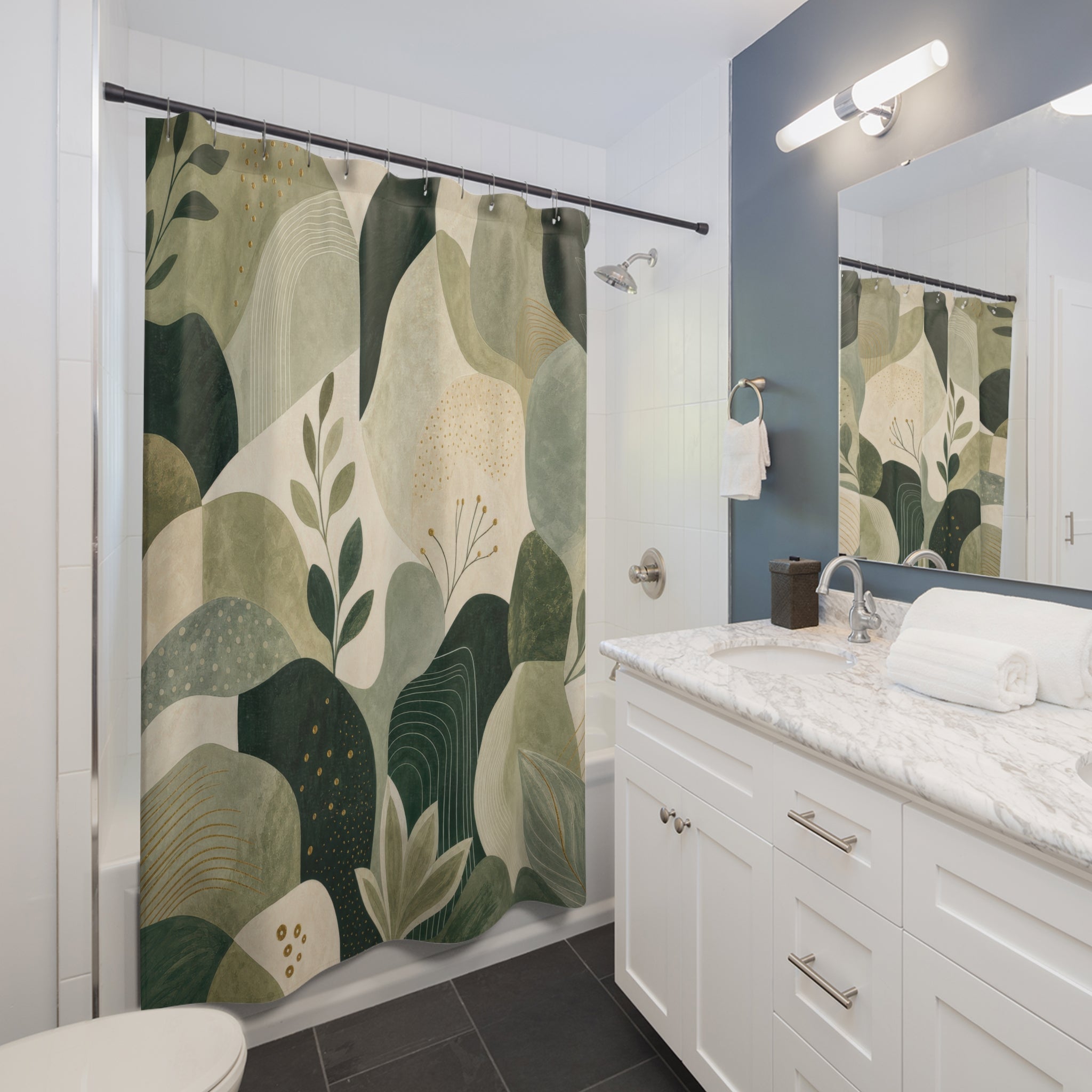 Green Boho Shower Curtain, Modern Botanical Bath Decor, Beige Sage Leaf Abstract Pattern, Organic Neutral Guest Bathroom Decor Style