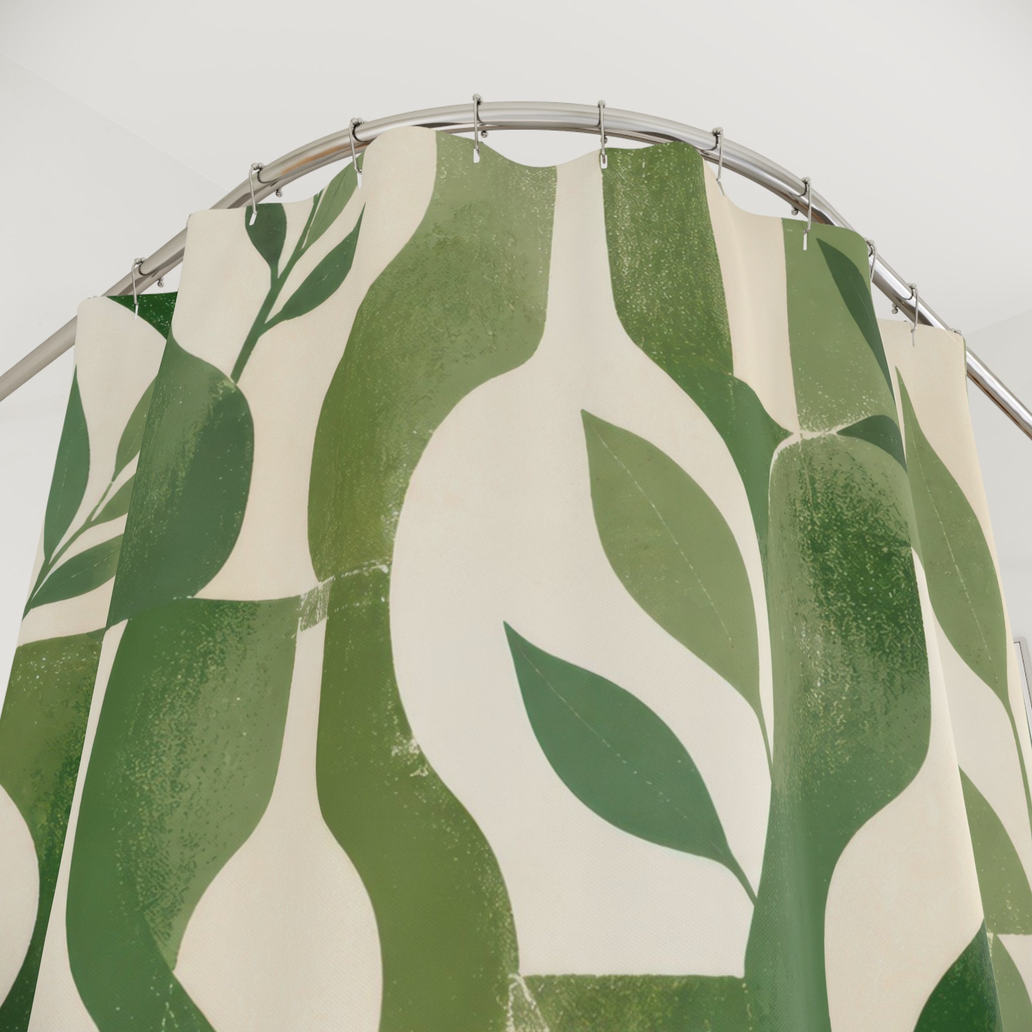 Green and White Shower Curtain, Botanical Leaf Bath Decor, Modern Abstract Block Pattern, Fresh Guest Bathroom Decor, Sage Style Decor