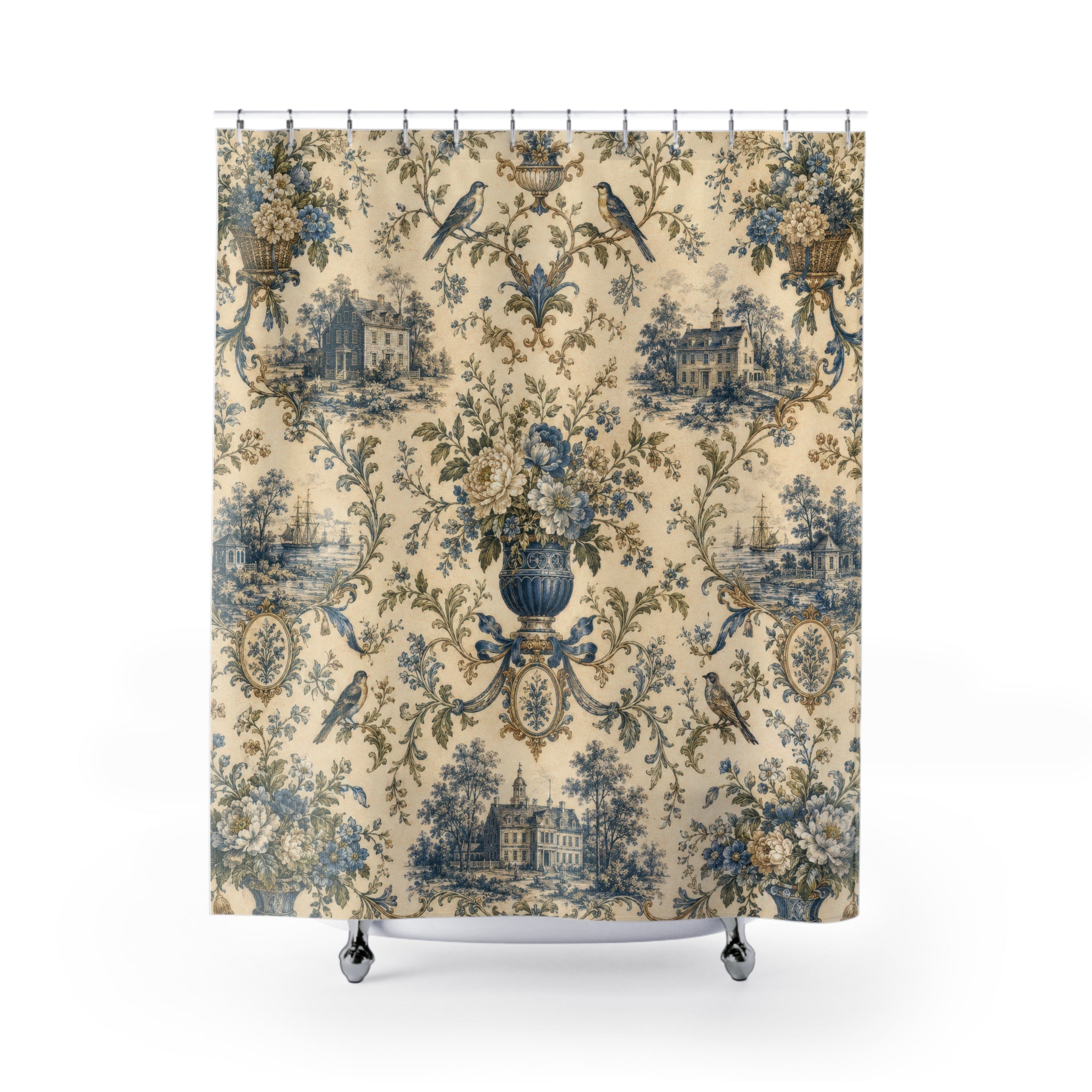 Colonial Toile Shower Curtain: Blue French Country