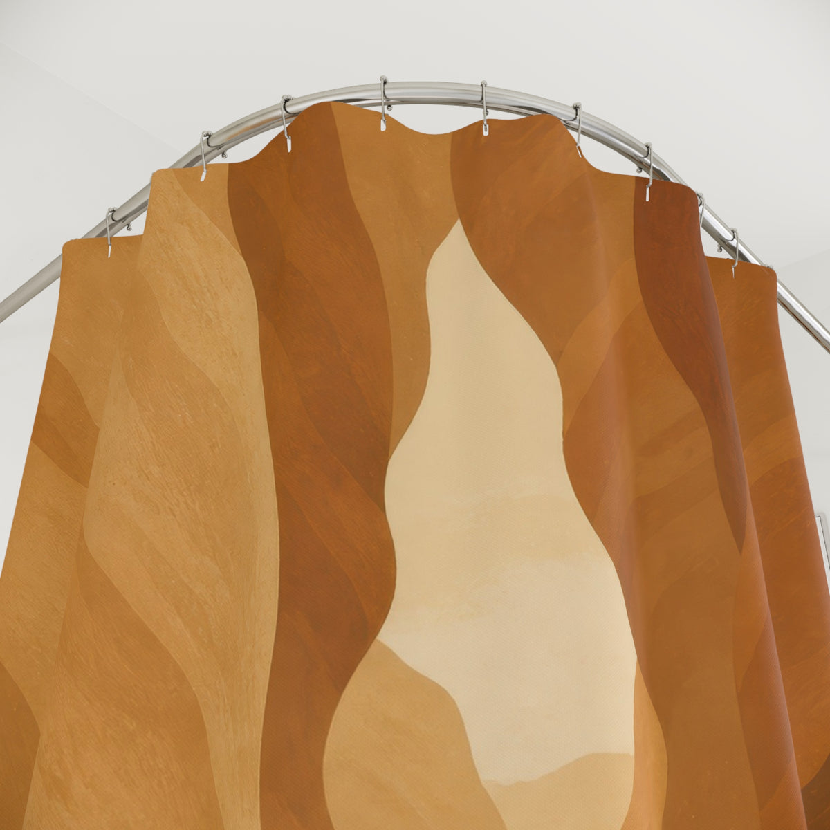 Tan desert canyon walls framing a sunlit keyhole passage shower curtain with close-up print, hooks, and folds