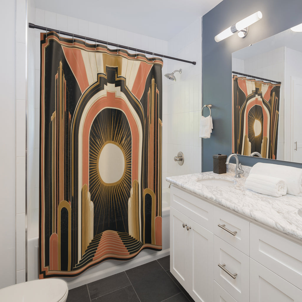 Coral and black Neo Art Deco sunburst portal with stepped arches shower curtain beside a white vanity