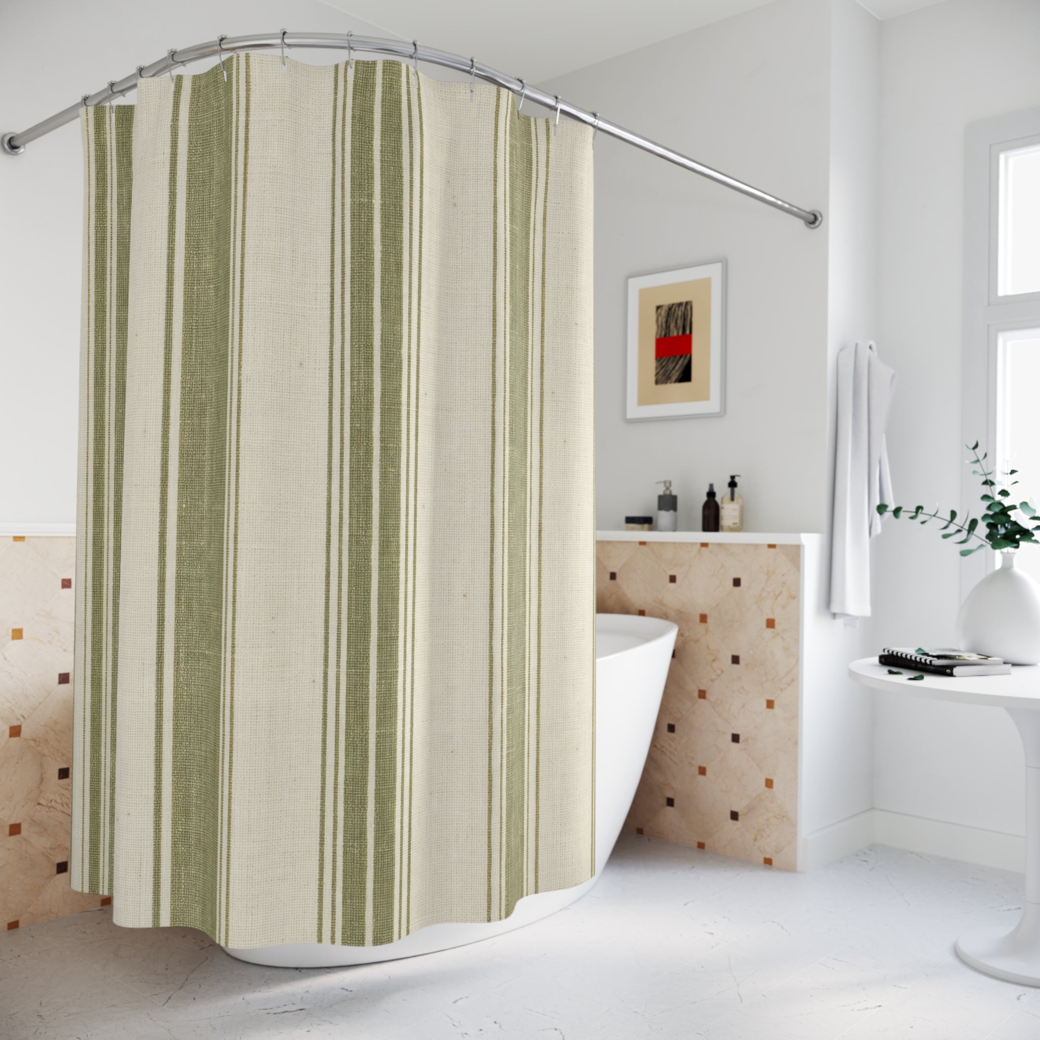 Olive Green Stripe Shower Curtain