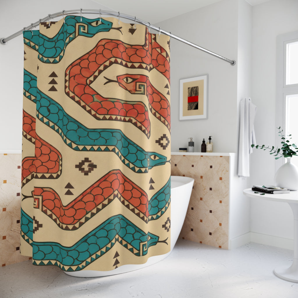 Coral and turquoise serpents on sand shower curtain beside a freestanding tub